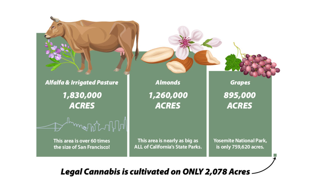 Land area (acres) under cultivation of various crops in California, shown to scale.